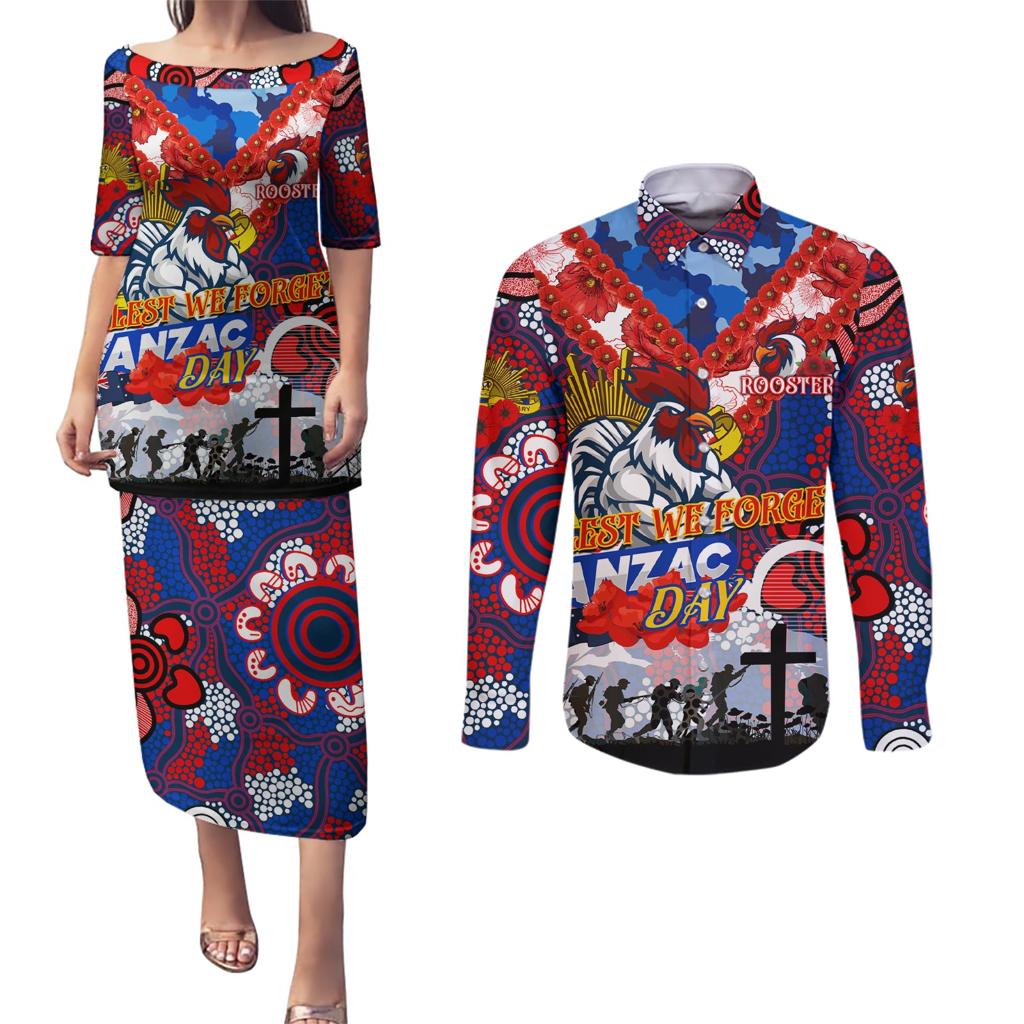 Personalised Roosters ANZAC Day Couples Matching Puletasi and Long Sleeve Button Shirt Aboriginal Rising Sun