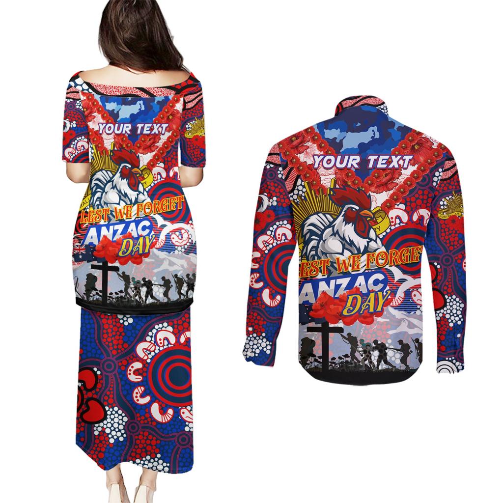 Personalised Roosters ANZAC Day Couples Matching Puletasi and Long Sleeve Button Shirt Aboriginal Rising Sun