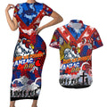 Personalised Roosters ANZAC Day Couples Matching Short Sleeve Bodycon Dress and Hawaiian Shirt Aboriginal Rising Sun