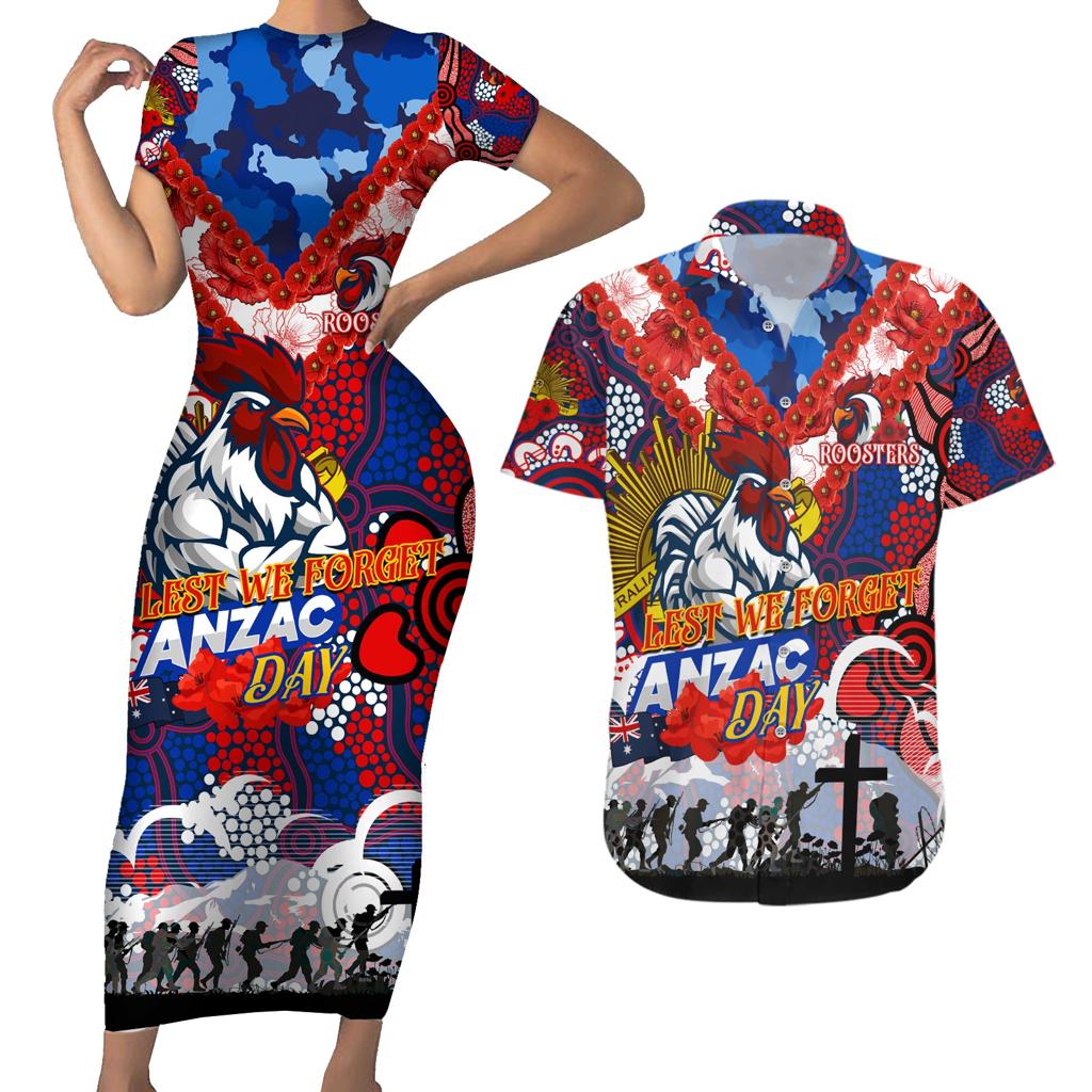Personalised Roosters ANZAC Day Couples Matching Short Sleeve Bodycon Dress and Hawaiian Shirt Aboriginal Rising Sun