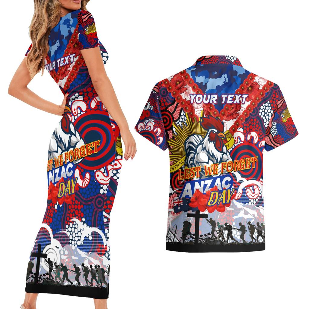 Personalised Roosters ANZAC Day Couples Matching Short Sleeve Bodycon Dress and Hawaiian Shirt Aboriginal Rising Sun