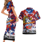 Personalised Roosters ANZAC Day Couples Matching Short Sleeve Bodycon Dress and Hawaiian Shirt Aboriginal Rising Sun