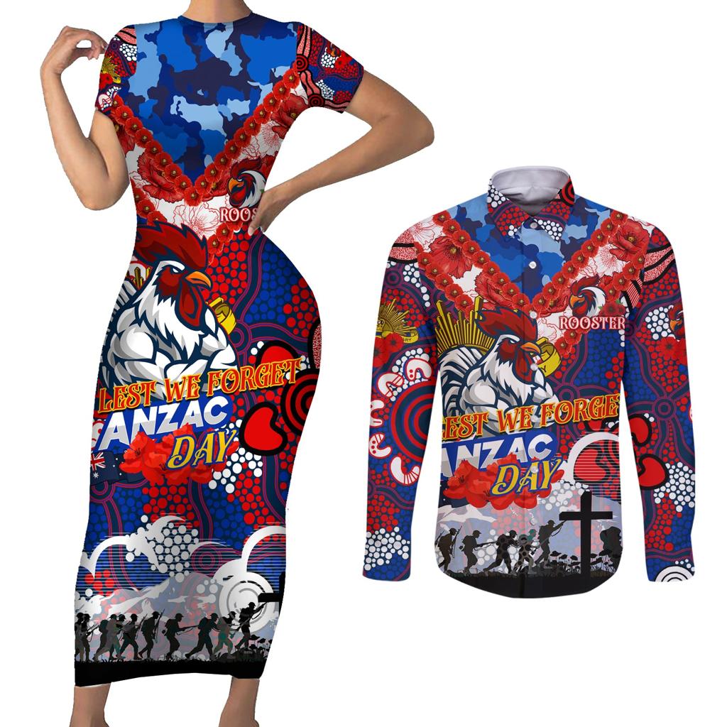 Personalised Roosters ANZAC Day Couples Matching Short Sleeve Bodycon Dress and Long Sleeve Button Shirt Aboriginal Rising Sun