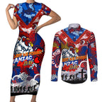 Personalised Roosters ANZAC Day Couples Matching Short Sleeve Bodycon Dress and Long Sleeve Button Shirt Aboriginal Rising Sun