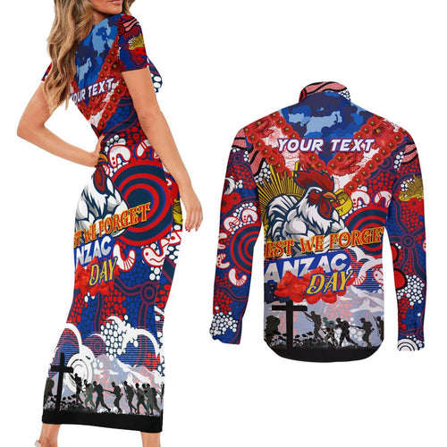 Personalised Roosters ANZAC Day Couples Matching Short Sleeve Bodycon Dress and Long Sleeve Button Shirt Aboriginal Rising Sun