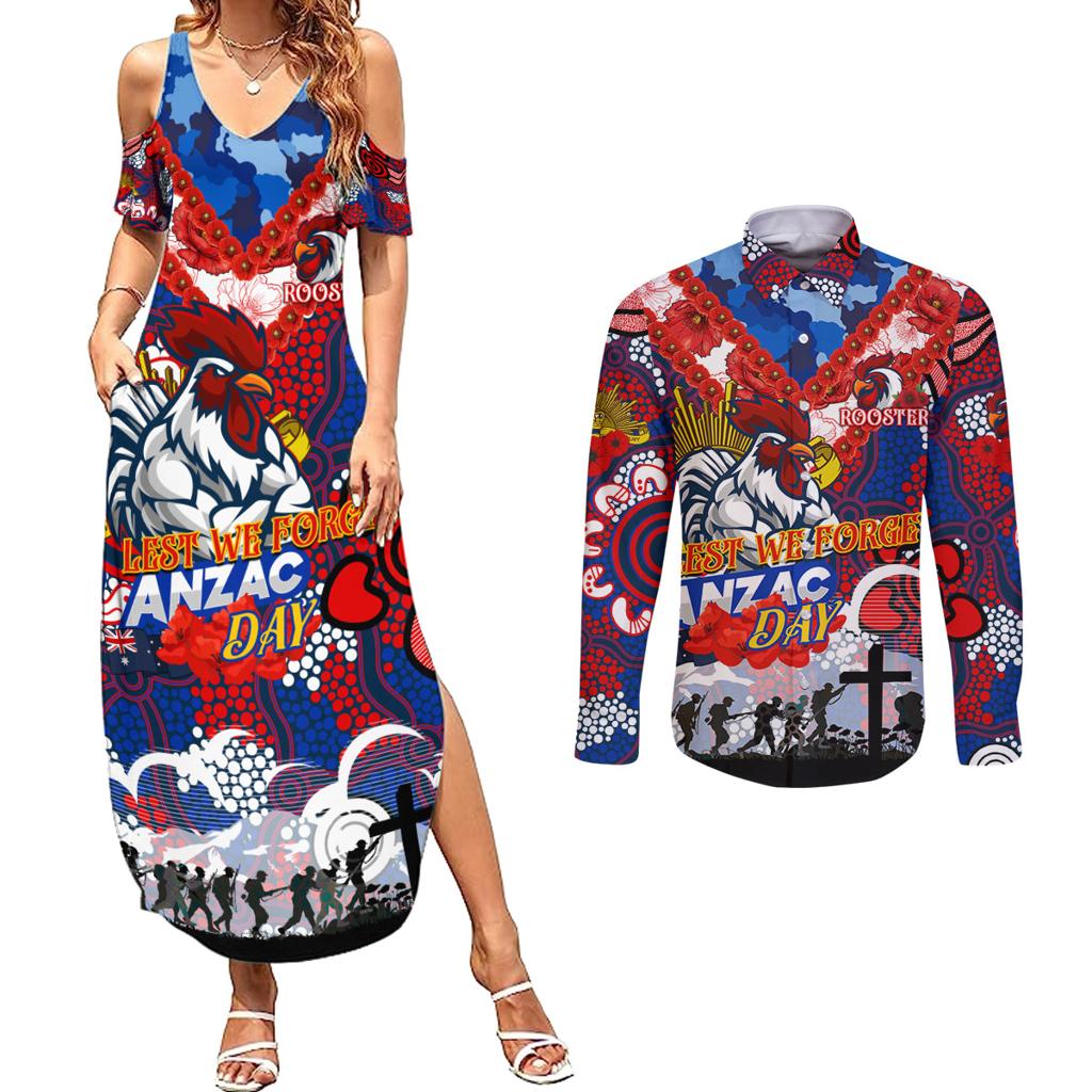 Personalised Roosters ANZAC Day Couples Matching Summer Maxi Dress and Long Sleeve Button Shirt Aboriginal Rising Sun