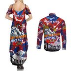 Personalised Roosters ANZAC Day Couples Matching Summer Maxi Dress and Long Sleeve Button Shirt Aboriginal Rising Sun