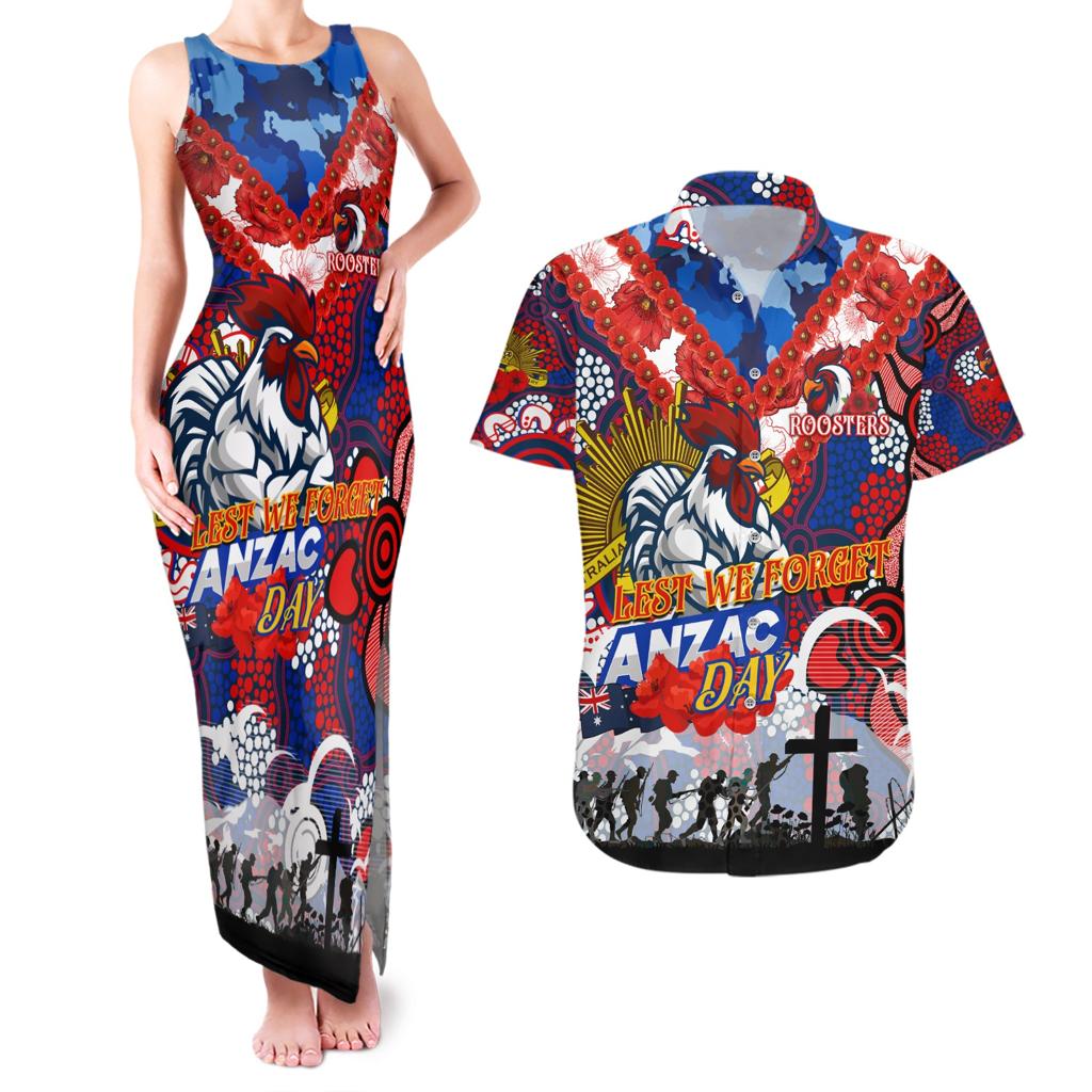 Personalised Roosters ANZAC Day Couples Matching Tank Maxi Dress and Hawaiian Shirt Aboriginal Rising Sun