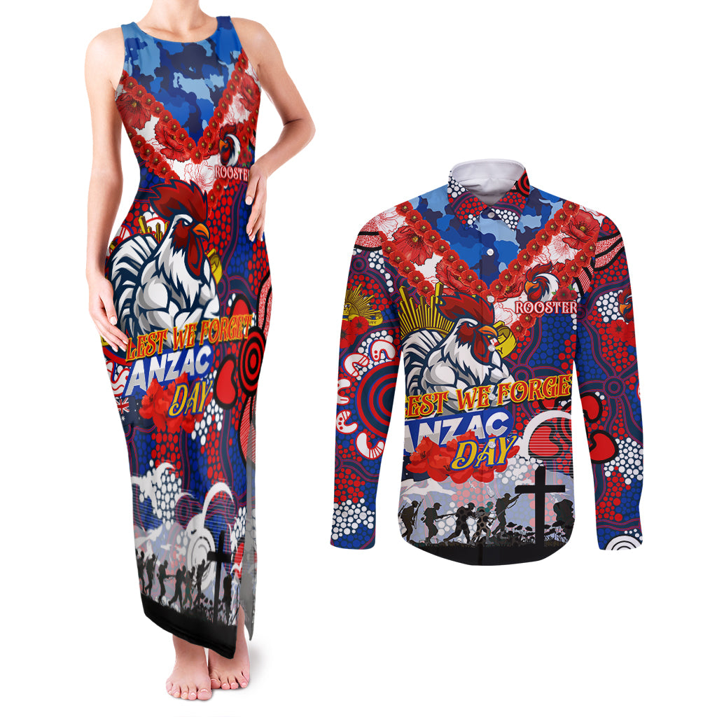 Personalised Roosters ANZAC Day Couples Matching Tank Maxi Dress and Long Sleeve Button Shirt Aboriginal Rising Sun