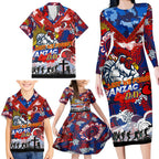 Personalised Roosters ANZAC Day Family Matching Long Sleeve Bodycon Dress and Hawaiian Shirt Aboriginal Rising Sun