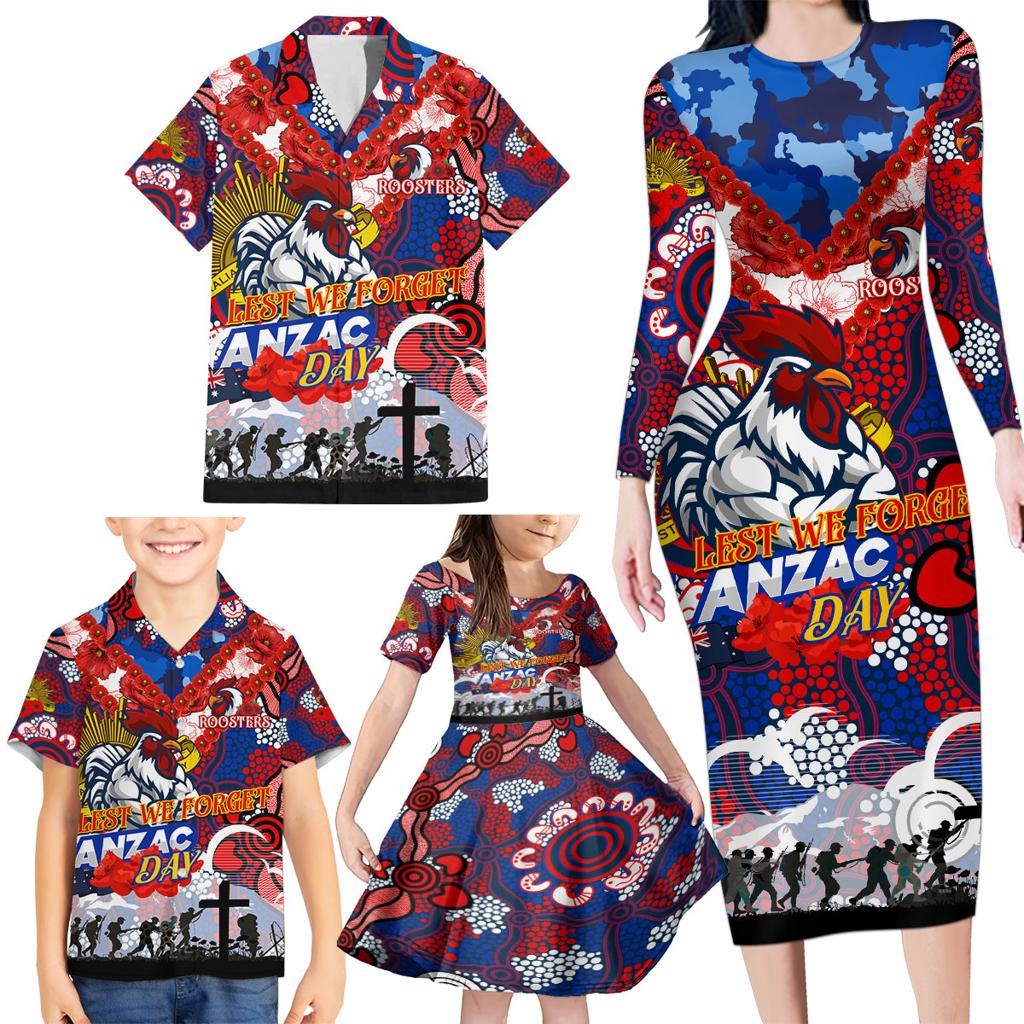 Personalised Roosters ANZAC Day Family Matching Long Sleeve Bodycon Dress and Hawaiian Shirt Aboriginal Rising Sun