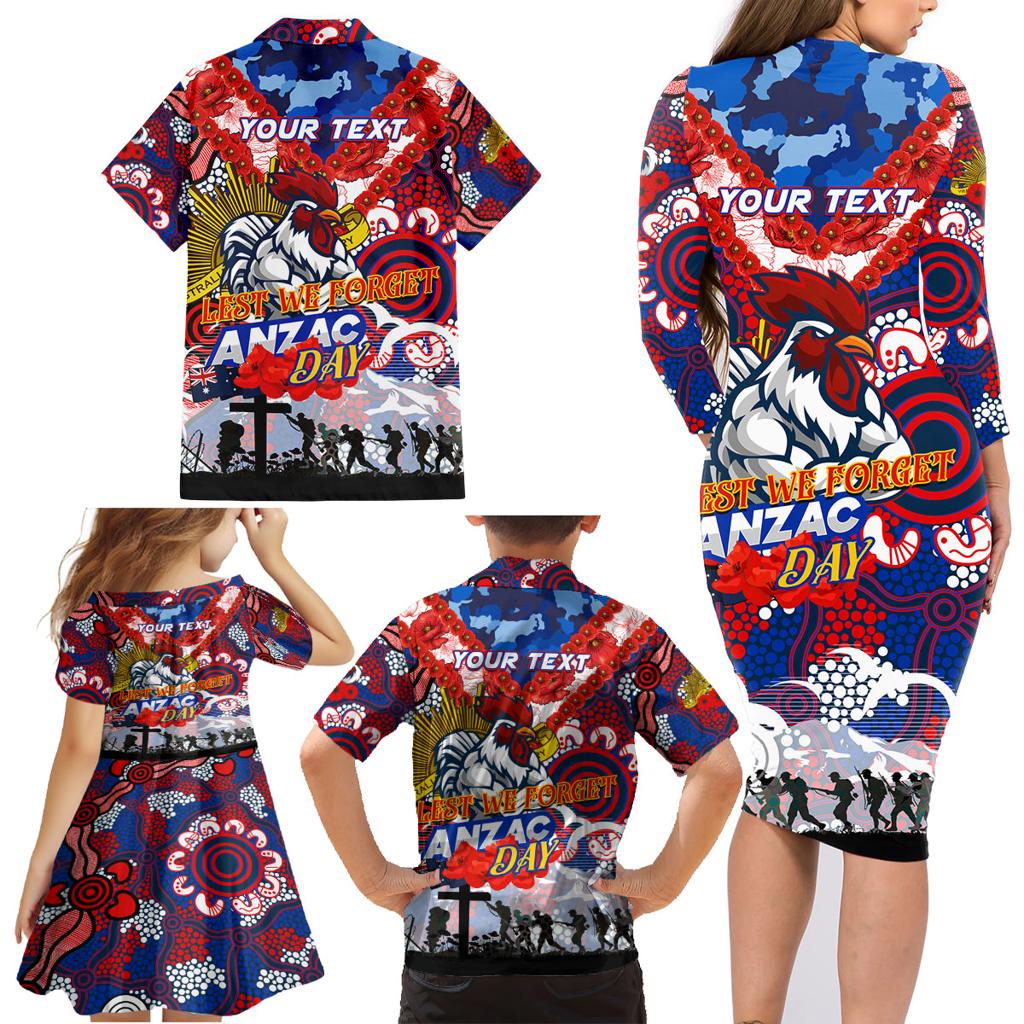 Personalised Roosters ANZAC Day Family Matching Long Sleeve Bodycon Dress and Hawaiian Shirt Aboriginal Rising Sun