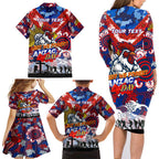 Personalised Roosters ANZAC Day Family Matching Long Sleeve Bodycon Dress and Hawaiian Shirt Aboriginal Rising Sun
