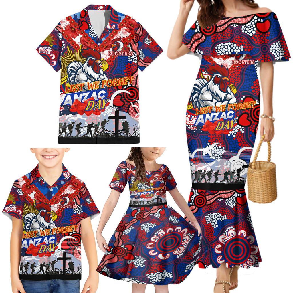 Personalised Roosters ANZAC Day Family Matching Mermaid Dress and Hawaiian Shirt Aboriginal Rising Sun
