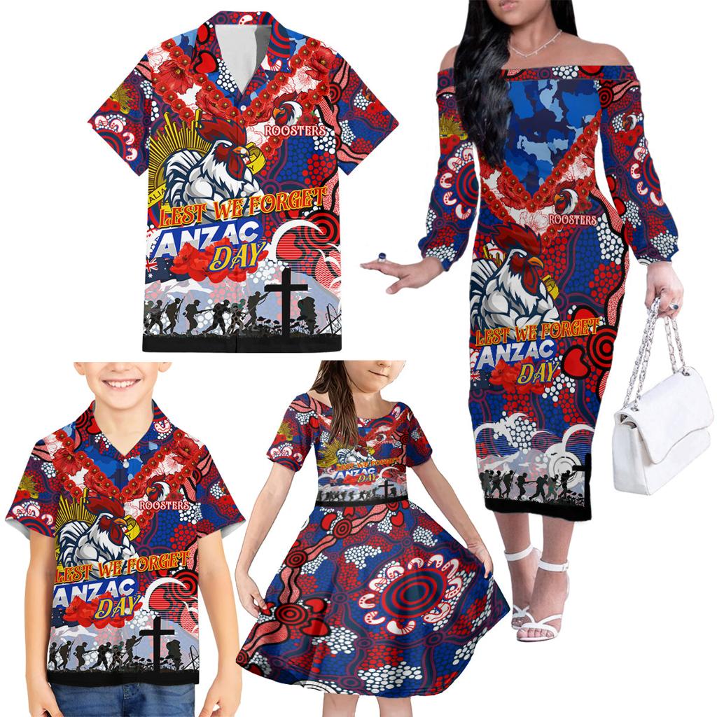 Personalised Roosters ANZAC Day Family Matching Off The Shoulder Long Sleeve Dress and Hawaiian Shirt Aboriginal Rising Sun