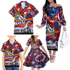 Personalised Roosters ANZAC Day Family Matching Off The Shoulder Long Sleeve Dress and Hawaiian Shirt Aboriginal Rising Sun