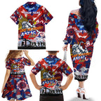 Personalised Roosters ANZAC Day Family Matching Off The Shoulder Long Sleeve Dress and Hawaiian Shirt Aboriginal Rising Sun