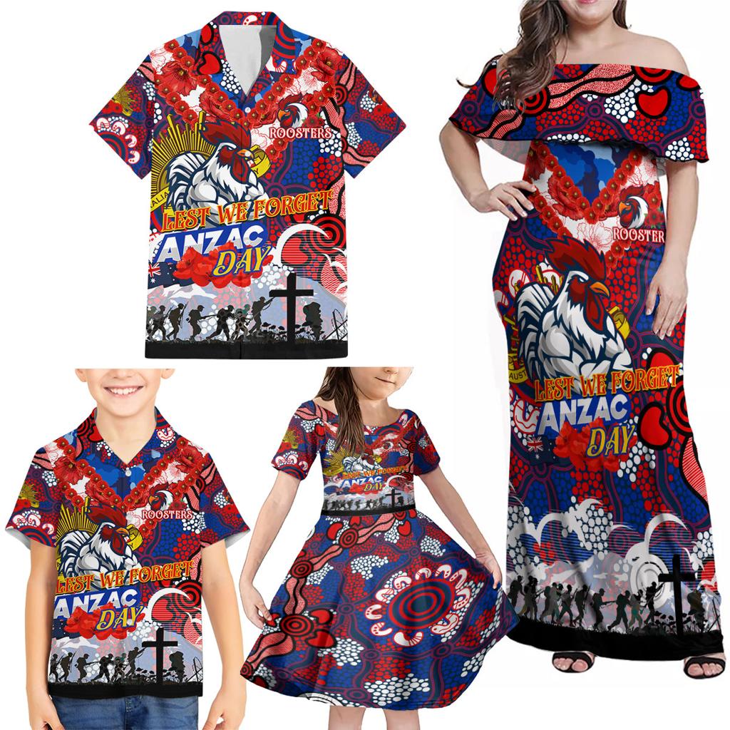 Personalised Roosters ANZAC Day Family Matching Off Shoulder Maxi Dress and Hawaiian Shirt Aboriginal Rising Sun