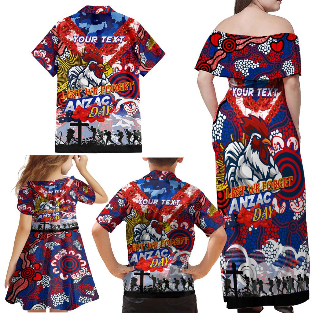 Personalised Roosters ANZAC Day Family Matching Off Shoulder Maxi Dress and Hawaiian Shirt Aboriginal Rising Sun