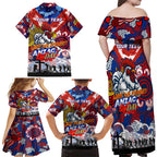 Personalised Roosters ANZAC Day Family Matching Off Shoulder Maxi Dress and Hawaiian Shirt Aboriginal Rising Sun