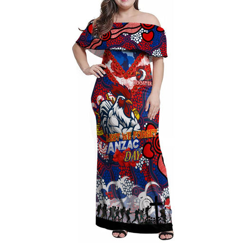 Personalised Roosters ANZAC Day Family Matching Off Shoulder Maxi Dress and Hawaiian Shirt Aboriginal Rising Sun