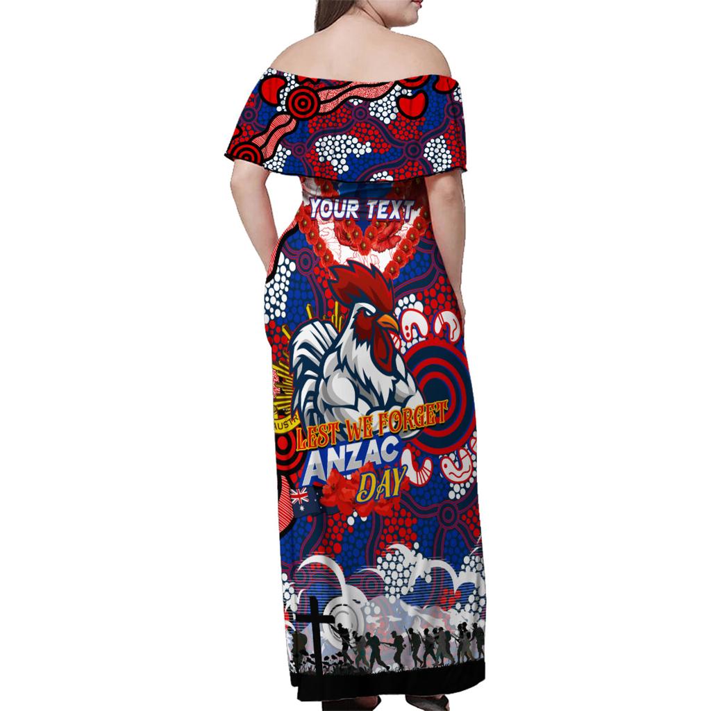 Personalised Roosters ANZAC Day Family Matching Off Shoulder Maxi Dress and Hawaiian Shirt Aboriginal Rising Sun