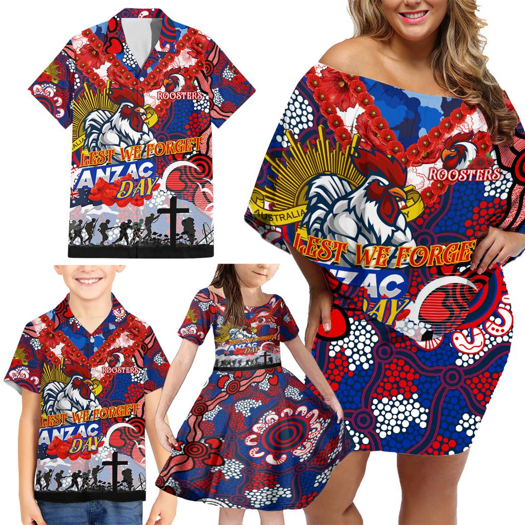 Personalised Roosters ANZAC Day Family Matching Off Shoulder Short Dress and Hawaiian Shirt Aboriginal Rising Sun