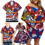 Personalised Roosters ANZAC Day Family Matching Off Shoulder Short Dress and Hawaiian Shirt Aboriginal Rising Sun