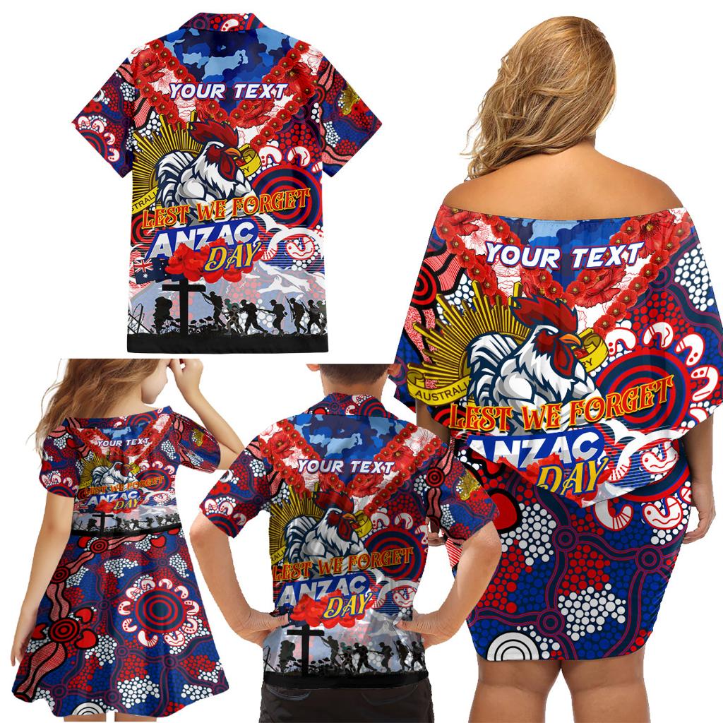 Personalised Roosters ANZAC Day Family Matching Off Shoulder Short Dress and Hawaiian Shirt Aboriginal Rising Sun