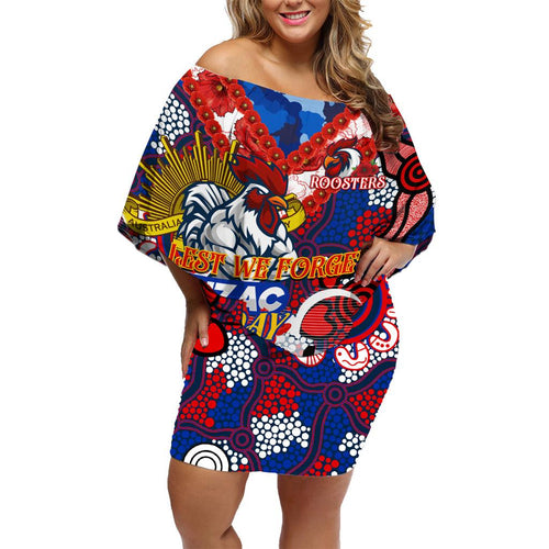 Personalised Roosters ANZAC Day Family Matching Off Shoulder Short Dress and Hawaiian Shirt Aboriginal Rising Sun