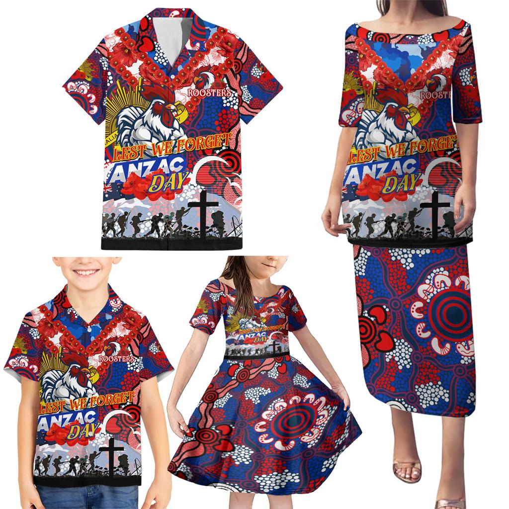 Personalised Roosters ANZAC Day Family Matching Puletasi and Hawaiian Shirt Aboriginal Rising Sun