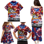 Personalised Roosters ANZAC Day Family Matching Puletasi and Hawaiian Shirt Aboriginal Rising Sun