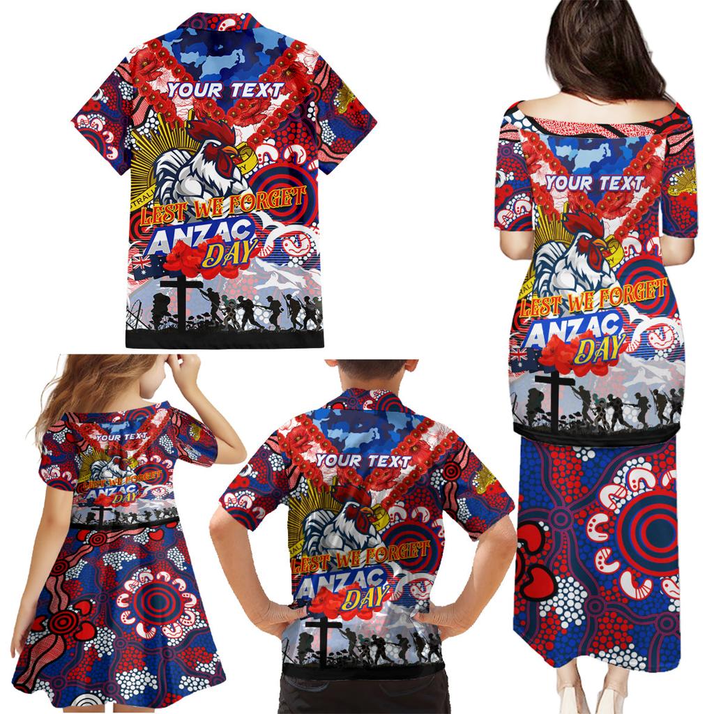 Personalised Roosters ANZAC Day Family Matching Puletasi and Hawaiian Shirt Aboriginal Rising Sun