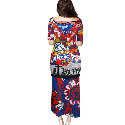 Personalised Roosters ANZAC Day Family Matching Puletasi and Hawaiian Shirt Aboriginal Rising Sun