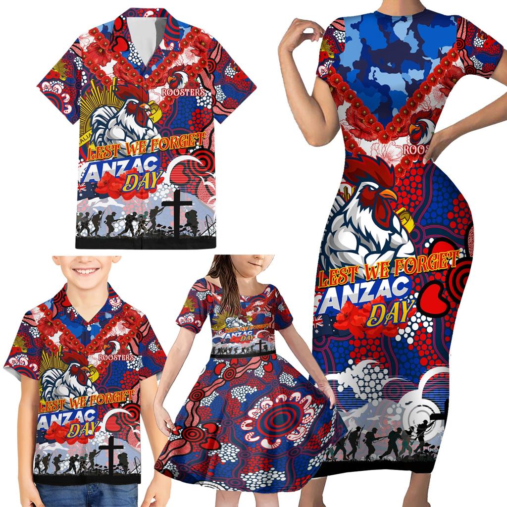 Personalised Roosters ANZAC Day Family Matching Short Sleeve Bodycon Dress and Hawaiian Shirt Aboriginal Rising Sun
