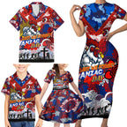 Personalised Roosters ANZAC Day Family Matching Short Sleeve Bodycon Dress and Hawaiian Shirt Aboriginal Rising Sun