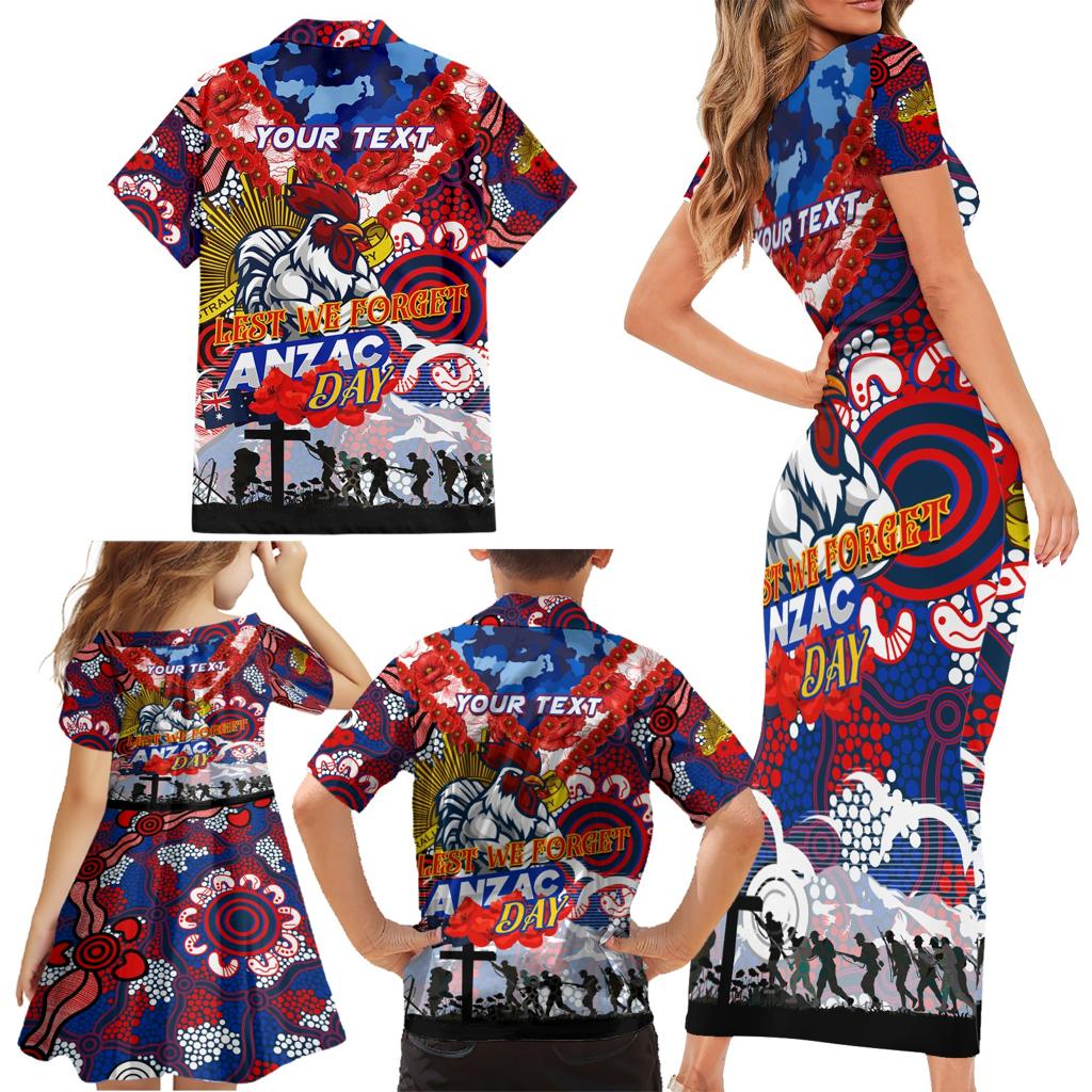 Personalised Roosters ANZAC Day Family Matching Short Sleeve Bodycon Dress and Hawaiian Shirt Aboriginal Rising Sun