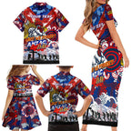Personalised Roosters ANZAC Day Family Matching Short Sleeve Bodycon Dress and Hawaiian Shirt Aboriginal Rising Sun