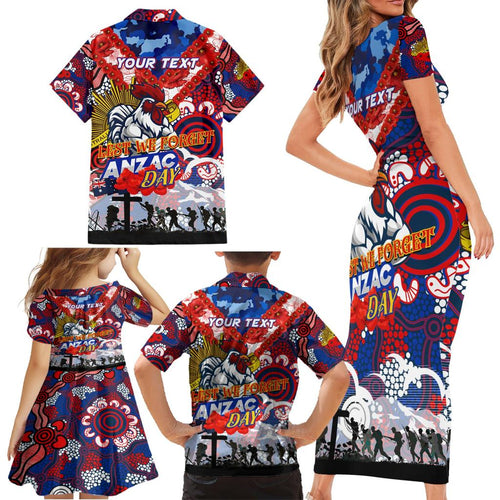 Personalised Roosters ANZAC Day Family Matching Short Sleeve Bodycon Dress and Hawaiian Shirt Aboriginal Rising Sun
