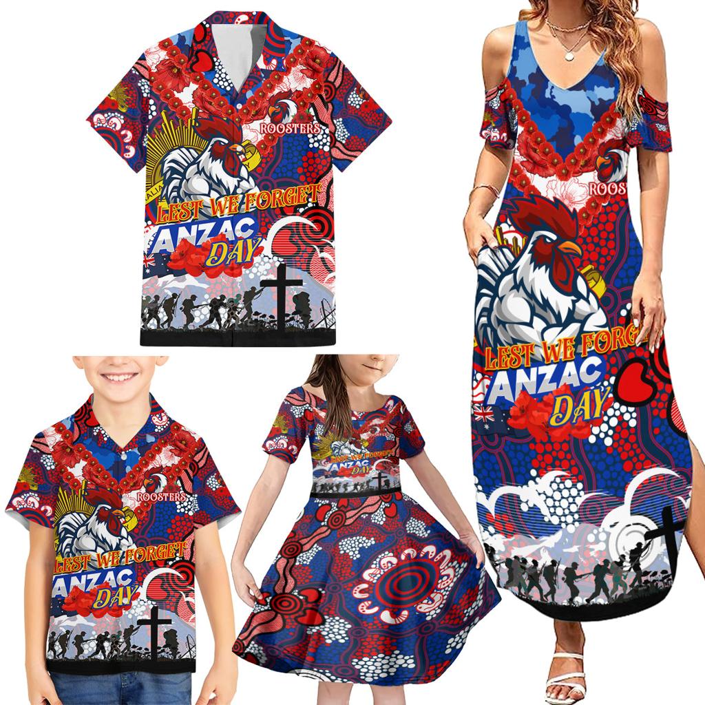 Personalised Roosters ANZAC Day Family Matching Summer Maxi Dress and Hawaiian Shirt Aboriginal Rising Sun