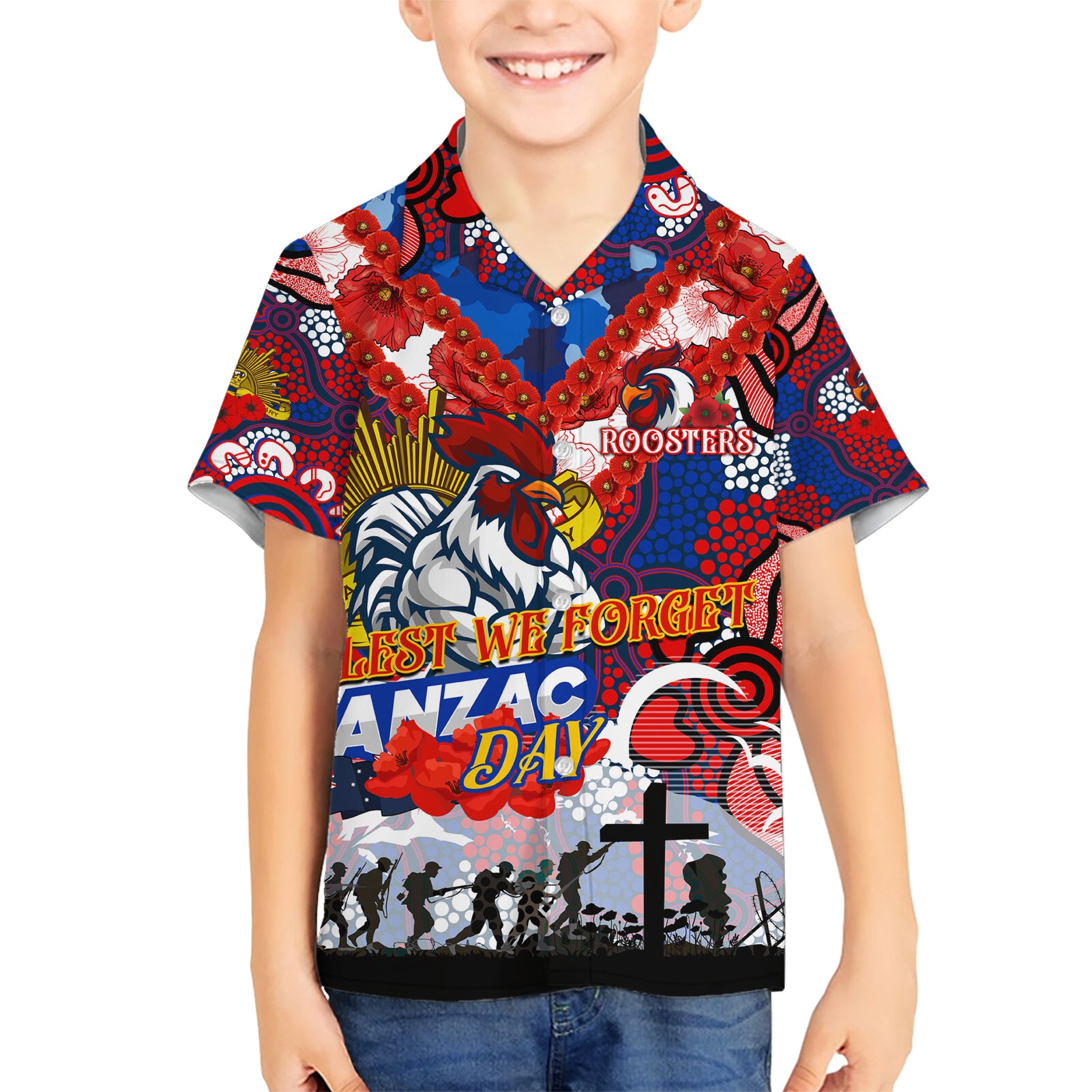 Personalised Roosters ANZAC Day Hawaiian Shirt Aboriginal Rising Sun