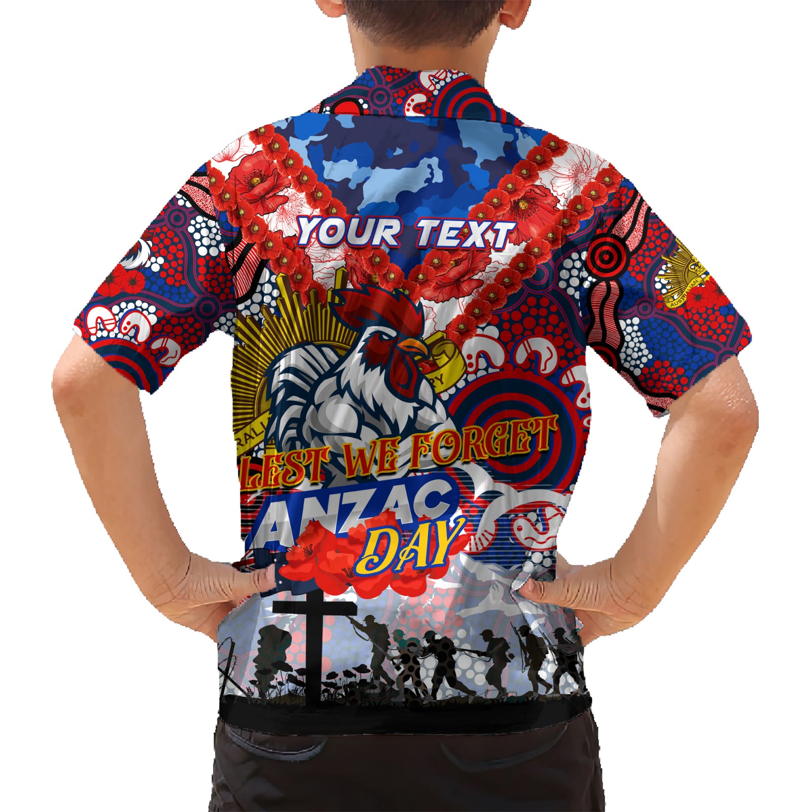 Personalised Roosters ANZAC Day Hawaiian Shirt Aboriginal Rising Sun