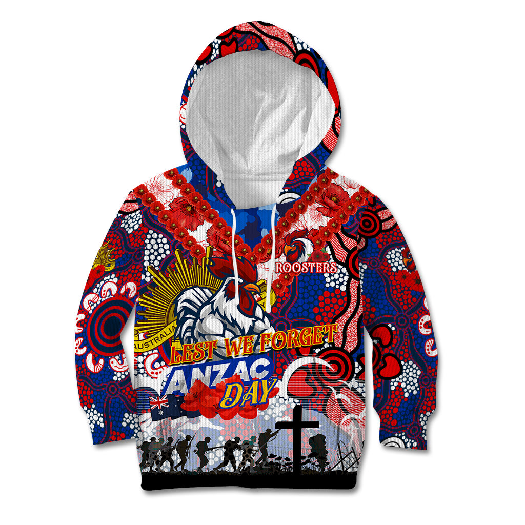 Personalised Roosters ANZAC Day Kid Hoodie Aboriginal Rising Sun