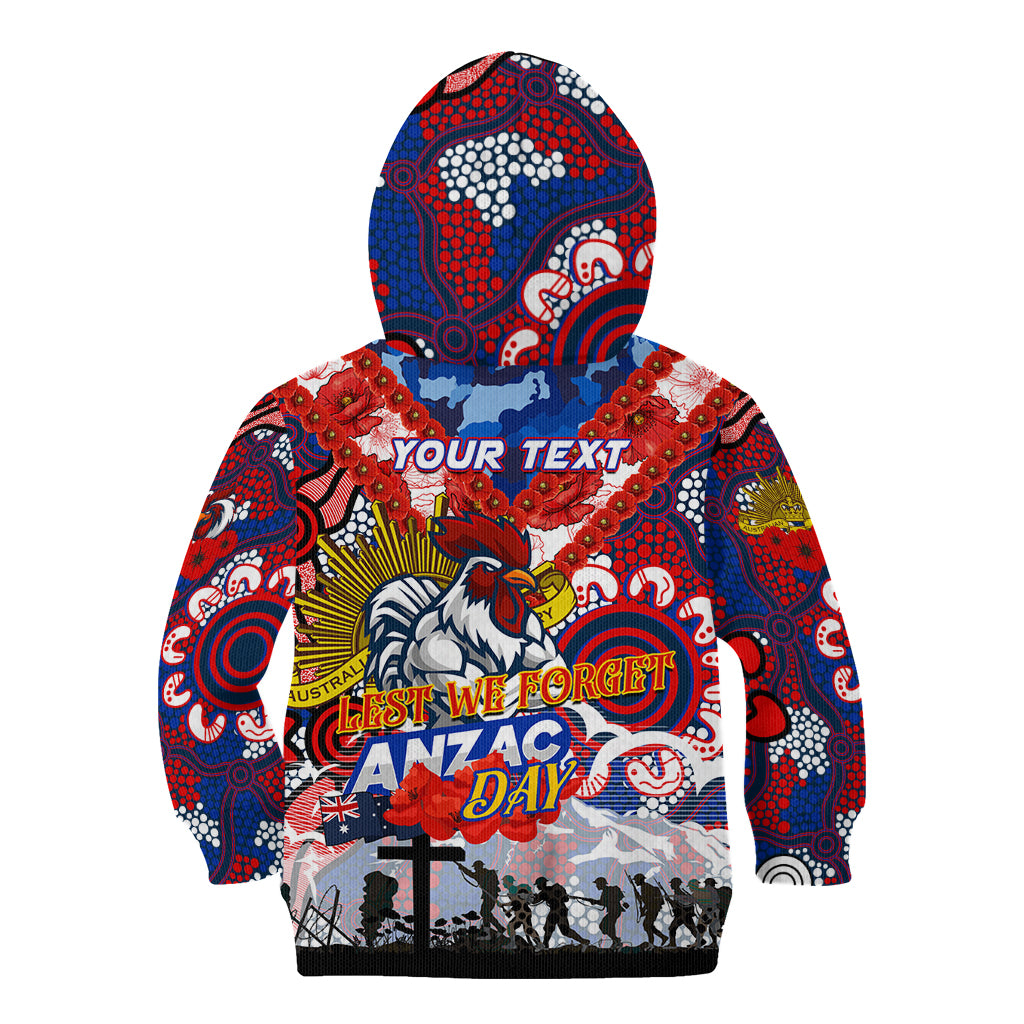 Personalised Roosters ANZAC Day Kid Hoodie Aboriginal Rising Sun