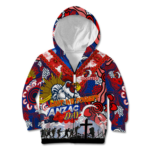 Personalised Roosters ANZAC Day Kid Hoodie Aboriginal Rising Sun