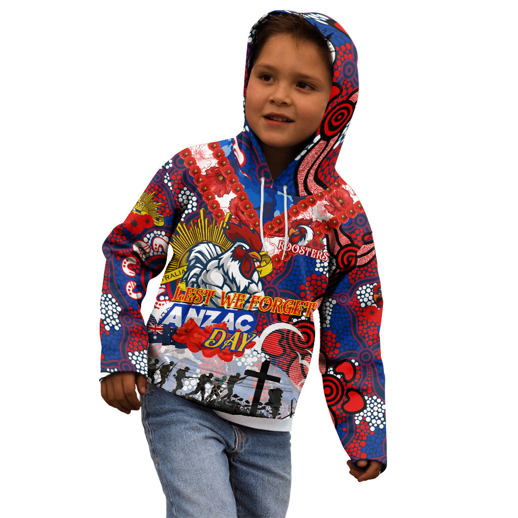 Personalised Roosters ANZAC Day Kid Hoodie Aboriginal Rising Sun