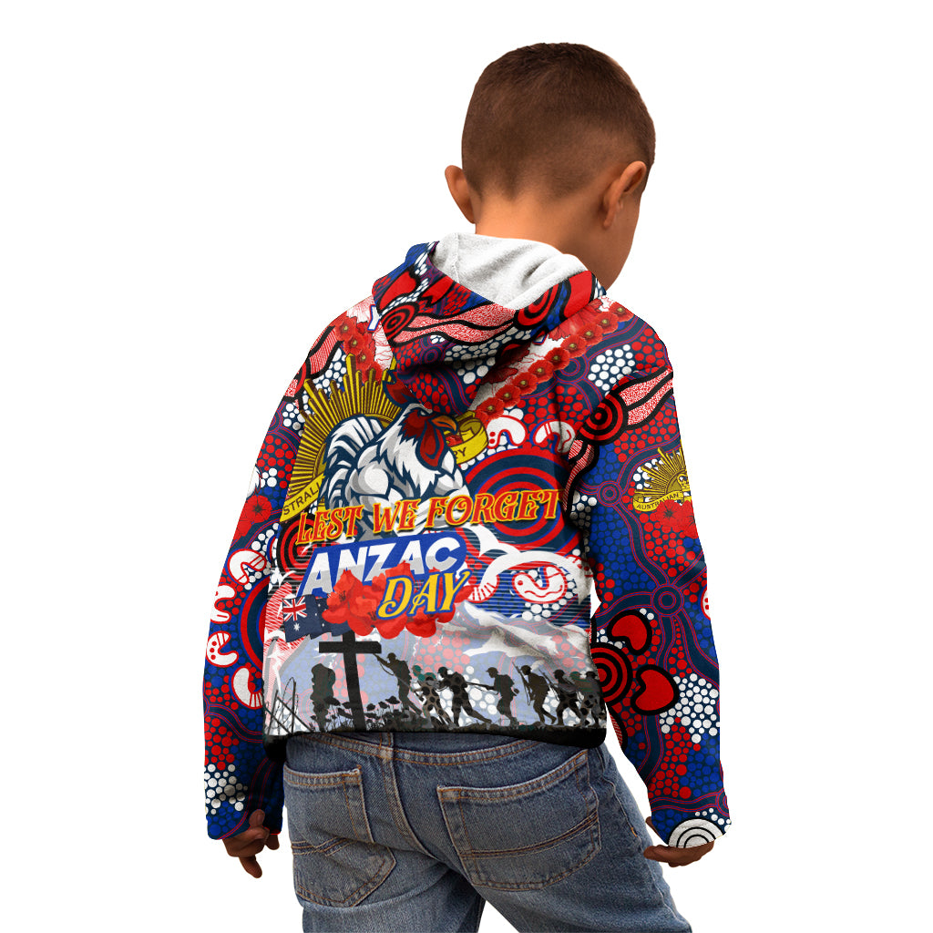 Personalised Roosters ANZAC Day Kid Hoodie Aboriginal Rising Sun