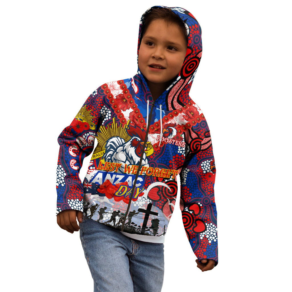 Personalised Roosters ANZAC Day Kid Hoodie Aboriginal Rising Sun