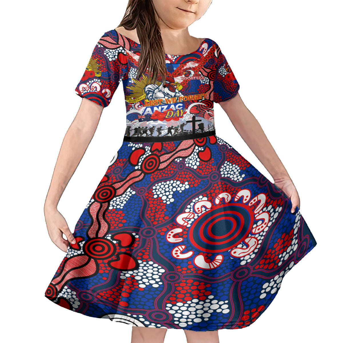 Personalised Roosters ANZAC Day Kid Short Sleeve Dress Aboriginal Rising Sun