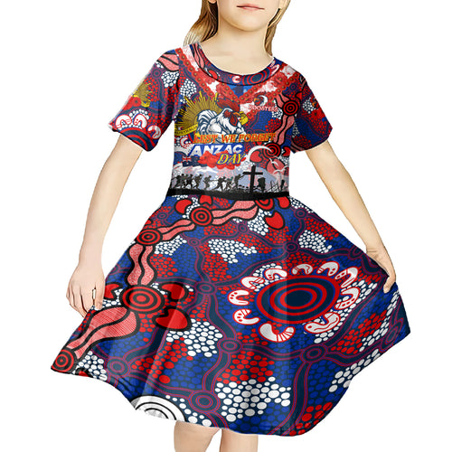 Personalised Roosters ANZAC Day Kid Short Sleeve Dress Aboriginal Rising Sun